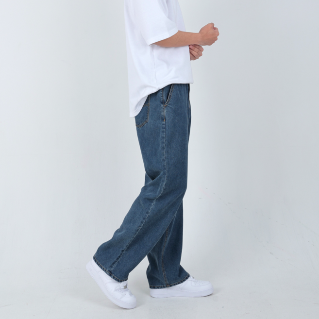 남성용 워싱 청바지 뒷밴딩 세미 와이드 루즈핏 일자 시원한 리오셀 데님 팬츠