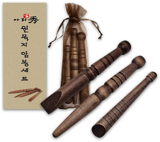 (망사주머니+지압봉3종+케이스) 다용도 원목 지압봉 3종세트 발바닥 지압 괄사 발마사지 지압기 안마봉