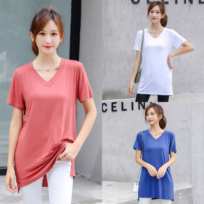 여성 모달 브이넥 옆트임 롱 반팔티셔츠