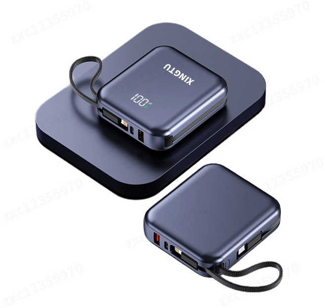 XINGTU 小巧方塊自帶雙線行動電源 20000mAh 22.5W快充 PD快充移動電源 高清數顯 可上飛機, 藍灰色【自帶雙線+智能數顯】, 藍灰色, N/A