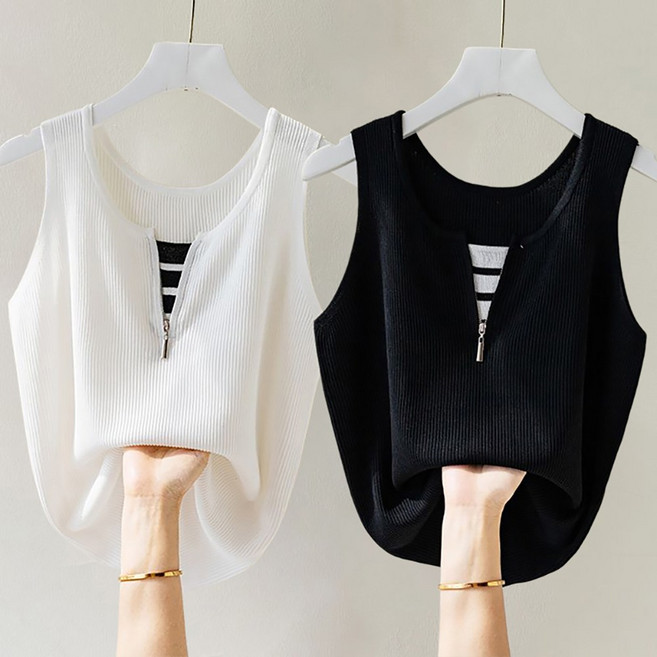 ROYALBELLE 여성 빅사이즈 아이스실크 지퍼 디자인 나시 레이어드 패치워크 민소매 심플 나시 Z01031302