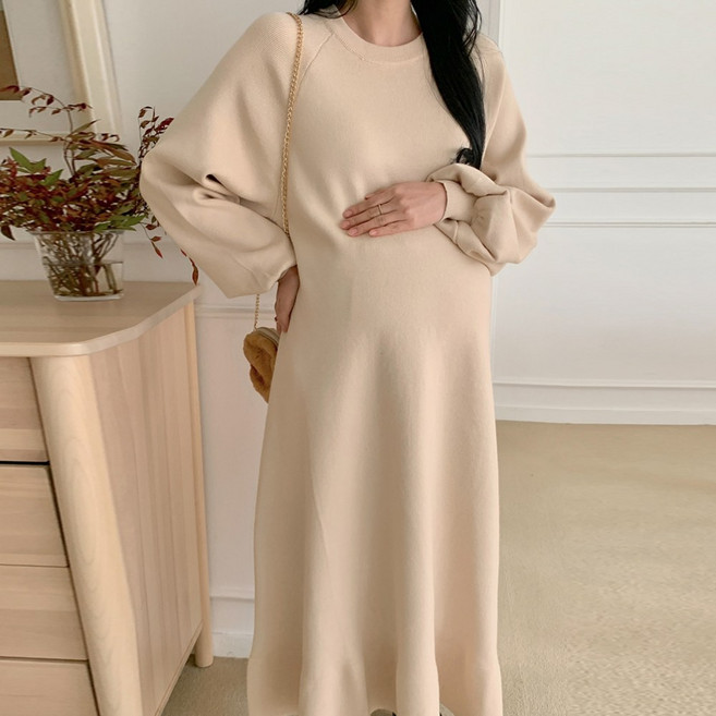 [당일출고] 수엠W 임산부 벌룬소매 A라인 니트 롱원피스 하객룩 모임룩 B084 룬니트원피스
