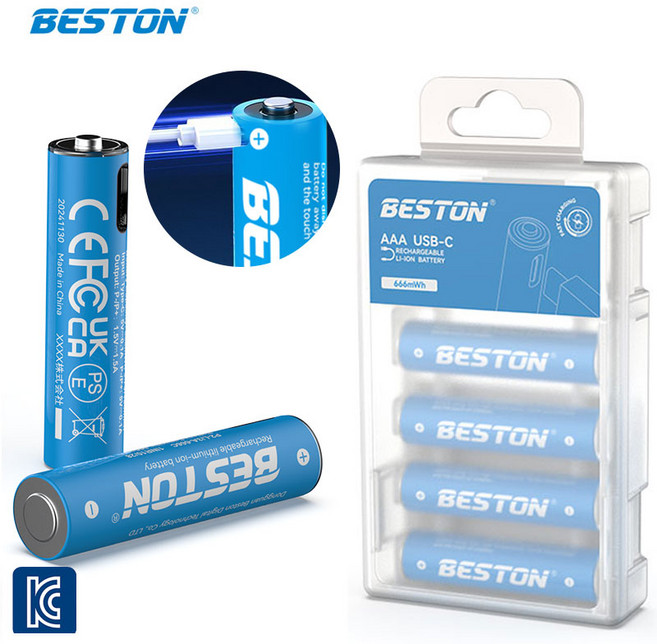 BESTON 소매드 USB 충전지 c타입 충전식 건전지 장난감용 리모컨용 손전등용 + 케이블, AAA, 4p
