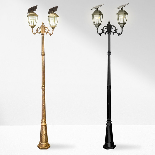 나눔조명 태양광 가로등 엔틱 태양열 조명 LED 정원등 야외조명, 2구 곡면 육각등, 2.3m, 황동색(노란빛)