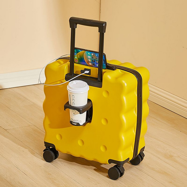 新款餅乾造型行李箱 小型登機箱 結實耐用密碼箱 可愛學生拉桿箱 輕便可乘坐, 1個, 活力黃（升級餅干后置杯架款）16寸