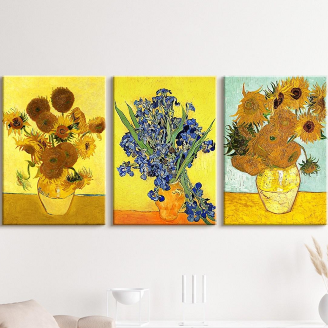 더 아트 컴퍼니 명화그림 고흐 모네 클림트 마티스 르누아르 3세트 2세트 대형 거실 풍수 인테리어 명화 액자 집들이 개업 선물, 2. 고흐 - 3세트 해바라기와 붓꽃