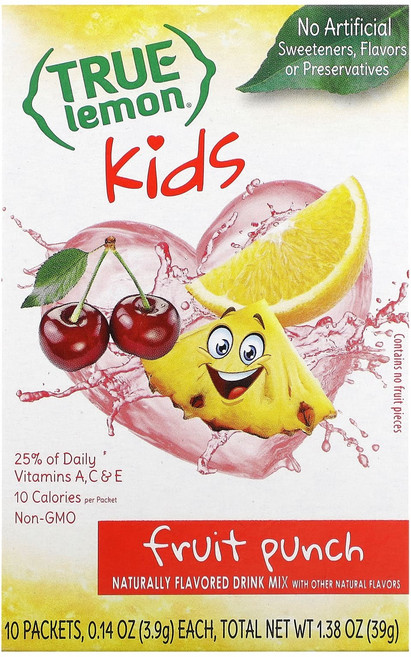 True Citrus True Lemon 어린이용 드링크 믹스 과일 펀치 10팩 개당 3.9g(0.14oz), TrueCitrusTrueLemon어린이용드링크믹스과일, 39g