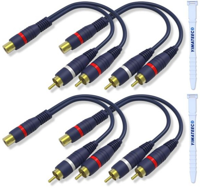 YIMATEECO RCA Y 스플리터 케이블 RCA Y 어댑터 수-암 3.5mm 잭 AV 오디오 케이블 연장 코드 서브우퍼 스피커 하이파이 시스템용 24K 금 도금 신치, 4, 1 Female to 2 Male