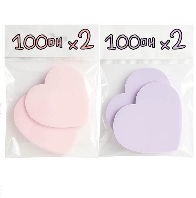 오래붙는 하트 모양 점착 메모지, 핑크2 + 퍼플2, 4개, 100매