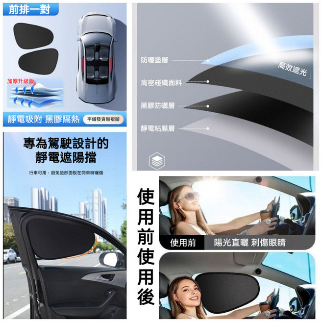 汽車靜電吸附遮陽貼 側窗防曬隔熱, 1個, 強力遮陽-納米級黑膠布面【前排兩片裝】