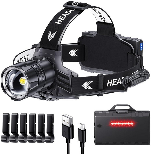 Sinvimes 99000 하이 럭스 LED 충전식 헤드램프 95H 긴 배터리 수명 헤드 램프 5가지 모드 및 IPX7 방수 및 줌 가능 125° 조절 가능한 헤드 라이, Sinvimes 99000 하이 럭스 LED 충전식 헤