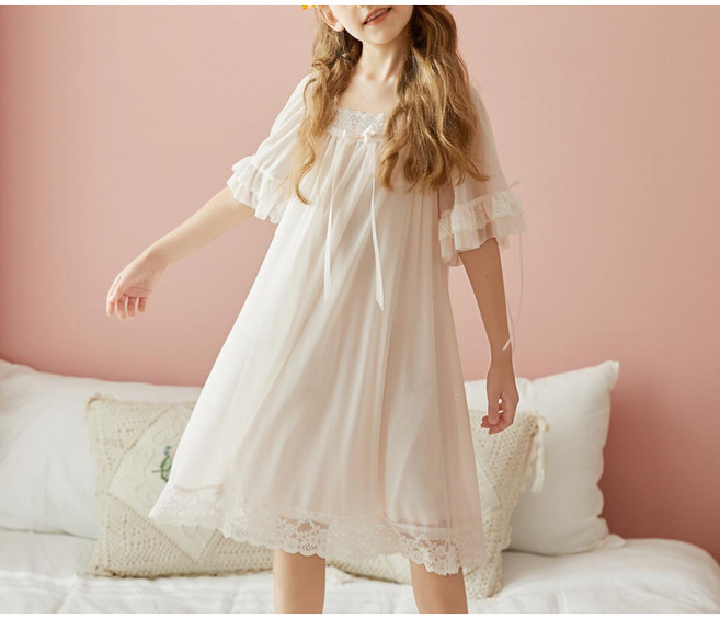 Toruva어린이 우아한 공주 스타일 반팔 잠옷 원피스 귀여운 레이스 디자인14세 이상