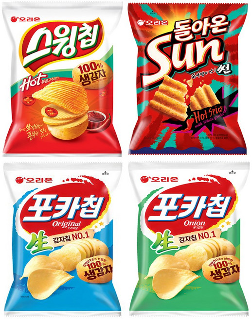 오리온 스윙칩 볶음고추장 대용량 110g+태양의 맛 썬칩 135g+포카칩 오리지널 110g+포카칩 어니언 110g 세트, 1세트, 465g