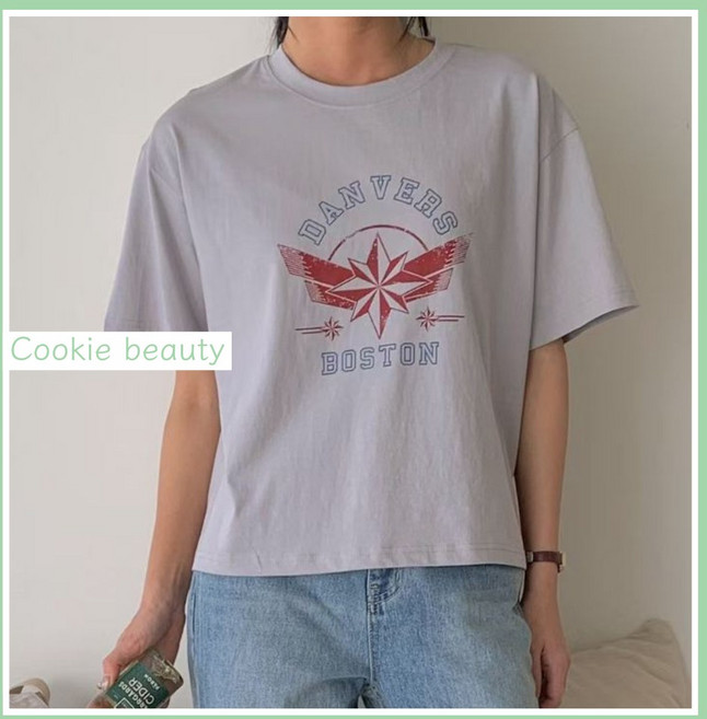 Cookie Beauty 正韓 美式 徽章短袖T, 藍