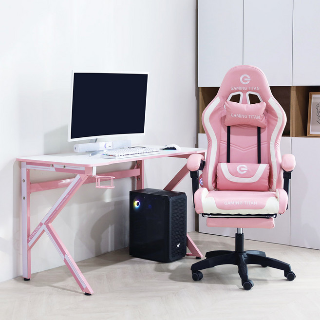 타이탄 게이밍 세트 발받침포함, 핑크화이트+핑크(발받침O)