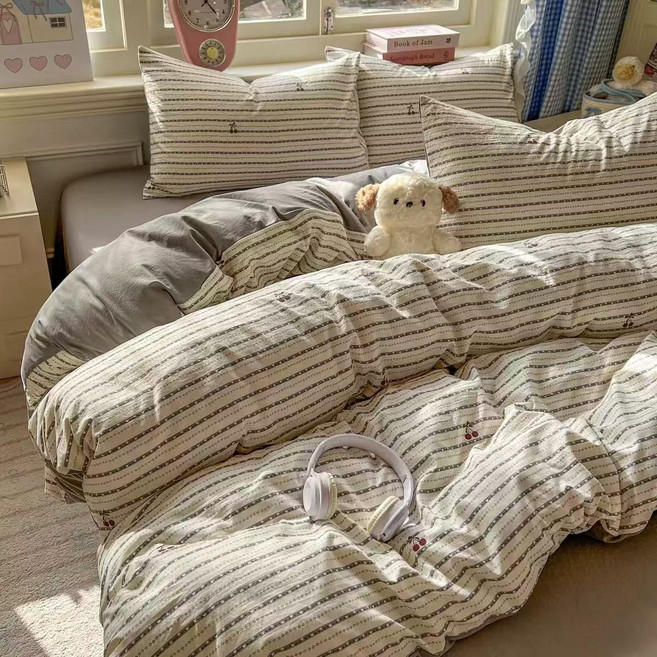 스트라이프 고밀도 사계절 침구세트 부드러운 체크 극세사 이불커버+침대시트+베개커버 세트 S/D/Q