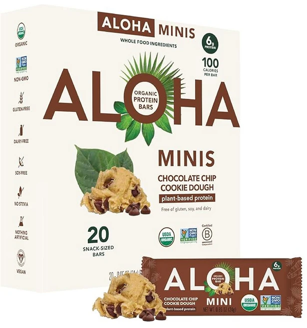 알로하 유기농 식물성 단백질 바 미니스 | 초콜릿 칩 쿠키 도우 20 카운트 24g 비건 저설탕 글루텐 프리 팔레오 저탄수화물 비GMO 스테비아 대두 무설탕 알코올, Chocolate Chip Cookie Dough, 1개 - 쿠팡