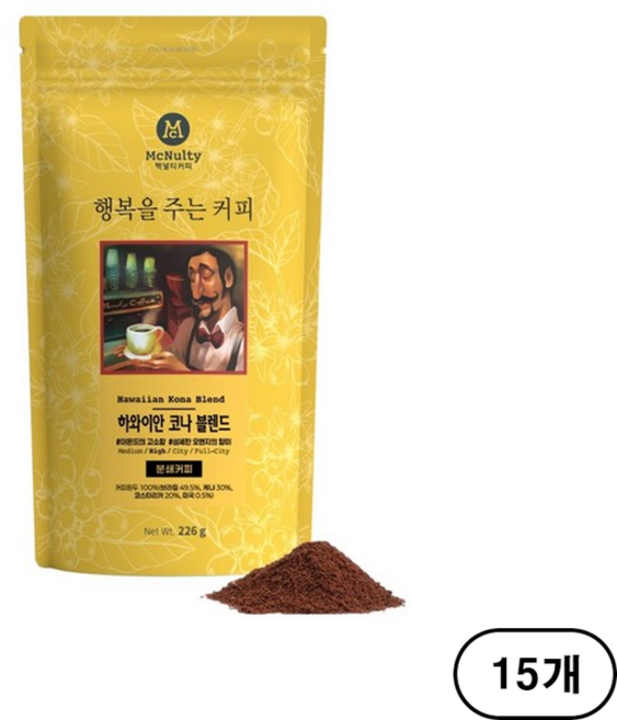 맥널티 하와이안 코나 블렌드 커피 분쇄 원두 226g, 핸드드립, 15개