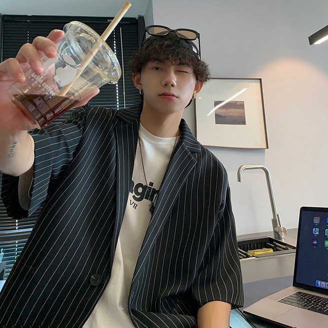 AOKADA 남자 썸머 스트라이프 줄무늬 INS 반팔 트렌 자켓 블레이저 남성 정장