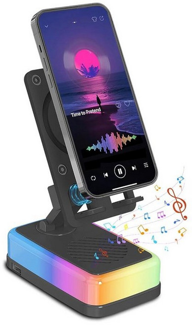 무선 인덕션 블루투스 스피커 360° 회전 휴대폰 스탠드 3000mAh 대형 배터리 5 in 1 휴대용 홀더 RGB 조명 및 비상 충전기 포함 남성 여성을 위한 기술, 인덕션 스피커 5-in-1 무선 블루투스 스피커, 휴대