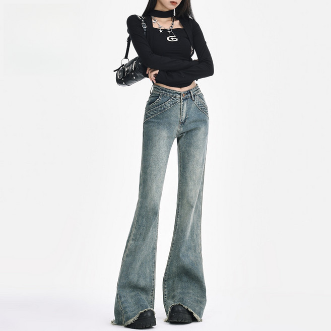 SAHINER 봄가을 여성 하이웨이스트 워싱 부츠컷 롱 데님 팬츠 LJANZ60