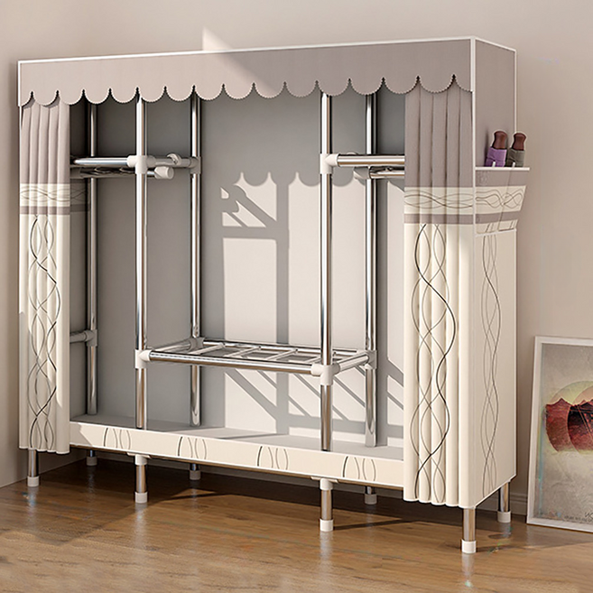 [시스슈] 강화 철제 프레임 조립형 3단 이동식 행거 | 하단 대용량 수납공간 먼지방지 커튼 일체화, 베이지색