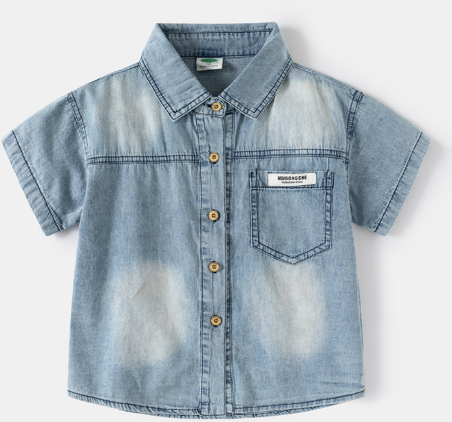 지디오 주니어 남아 반팔 데님 셔츠 봄 남방 중청 흑청 워싱 반소매 청자켓