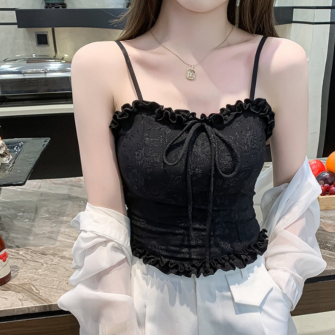 아르바니 레이스 셔링 슬림탑 2color 티 캡내장 크롭 슬리브리스 민소매 끈조절 캐미솔 프릴 자수