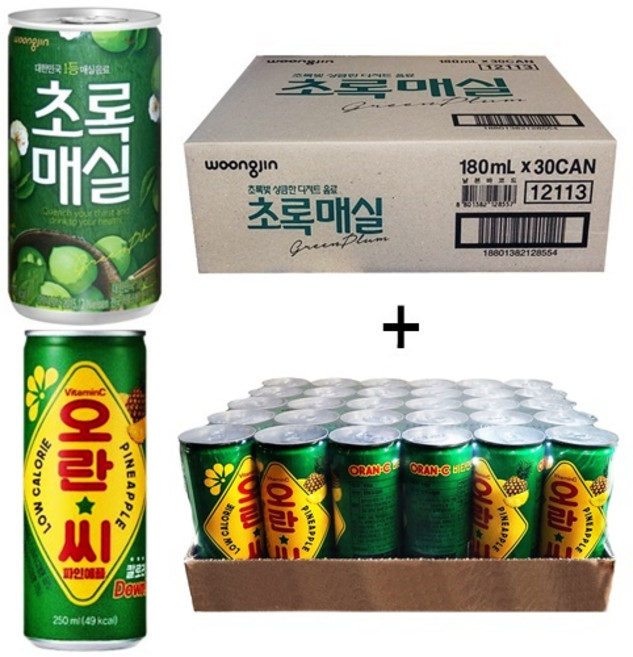 웅진 초록매실 180ml(30캔) + 오란씨 파인애플 250ml(30캔), 60개, 180ml
