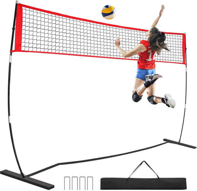 SAIVEINA 휴대용 배구연습 네트 세트 높이 조절 가능 서빙 스파이크 연습 배구 트레이닝 네트 실내 실외용 타격 및 서빙 드릴을 위한 휴대용 독립형 연습 네트, 1개, 레드