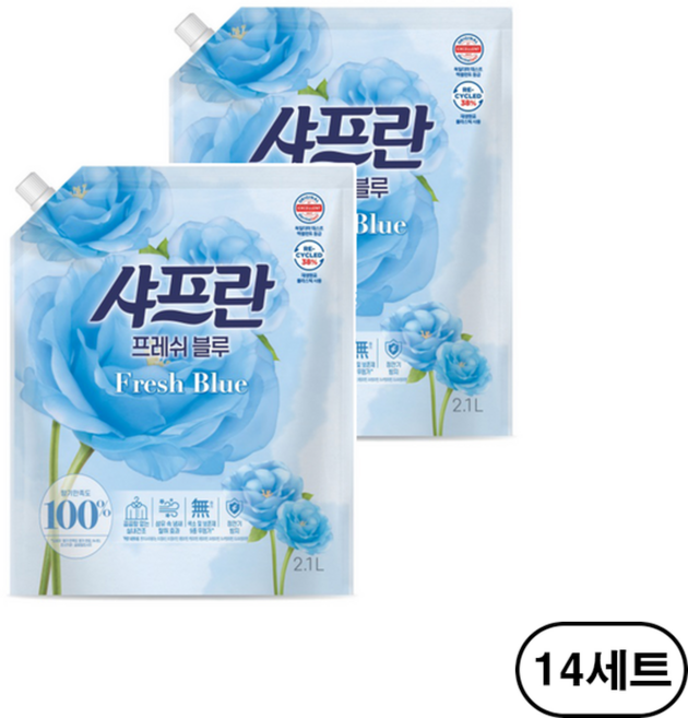 샤프란 섬유유연제 프레쉬 블루 리필, 14세트, 2.1L