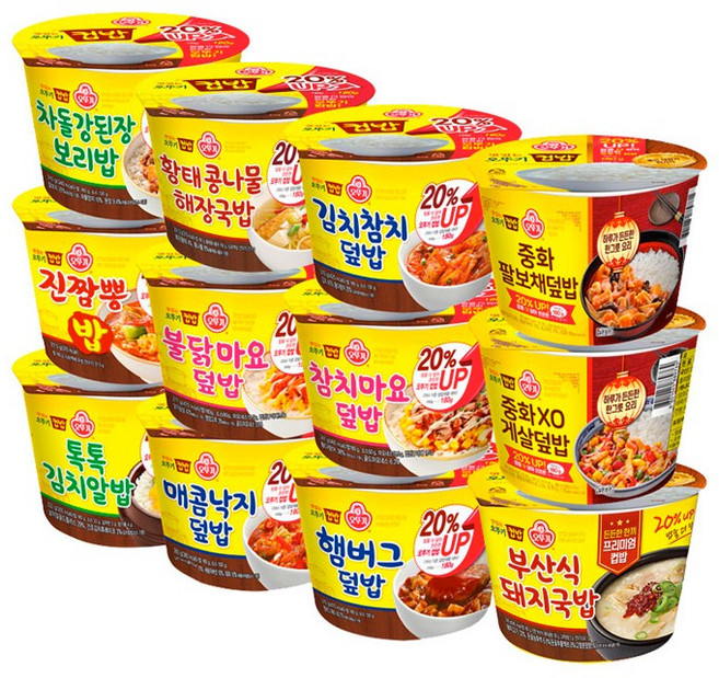 오뚜기 컵밥 12종 (중화XO게살덮밥 + 중화XO팔보채덮밥 + 돼지국밥 + 김치참치덮밥 + 참치마요덮밥 + 햄버그덮밥 + 황태국밥 + 불닭마요덮밥 + 매콤낙지덮밥 + 차돌보리밥 + 진짬뽕밥 + 톡톡김치알밥), 1세트