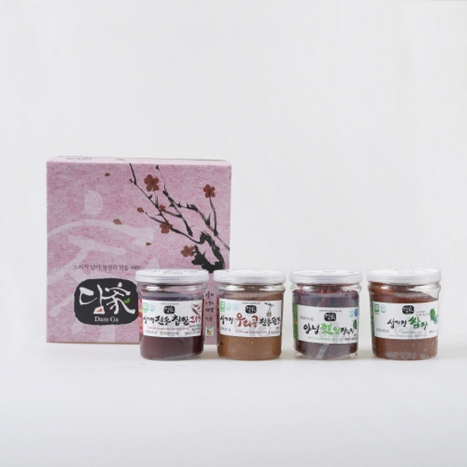 순창 성가정식품/담가 실속형 선물세트 4종-E(찹쌀 고추장 500g+전통 된장 500g+매실 장아찌 500g+양념깻잎 장아찌 500g), 4종 E (고추장. 깻잎. 된장. 매실), 1개