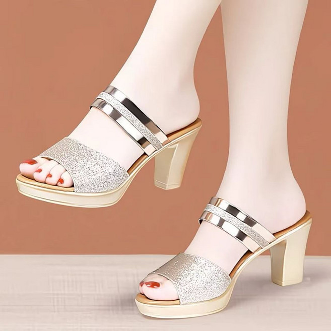 AREVI여름 여성 하이힐 샌들 오픈토 슬리퍼 트랜드 통굽 가보시 웨지샌들 킬힐7cm