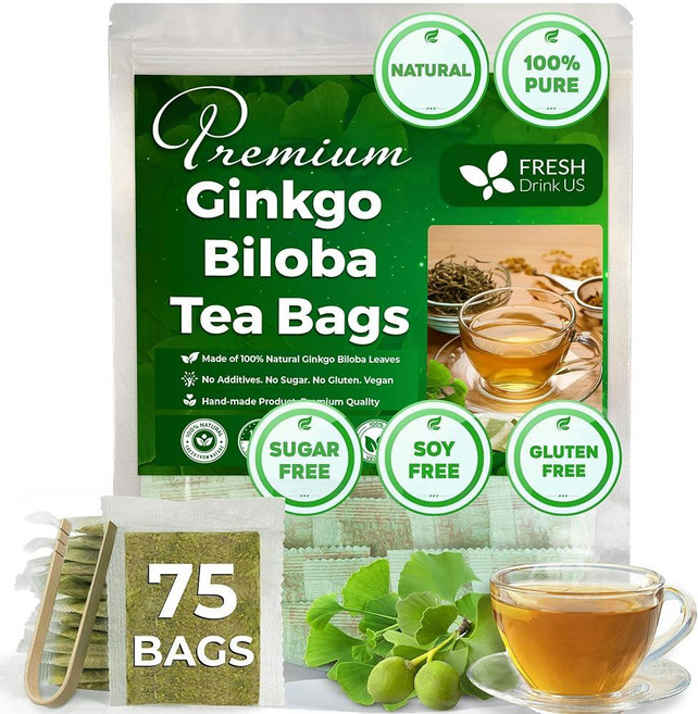 FreshDrinkUS 프리미엄 사워솝 그라비올라 잎 티백 15개 사워솝 잎에서 100% 천연 및 순수함 핸드메이드 천연 소재로 제작 - 옥수수 섬유 티백 설탕/카페인, 75 Tea Bags, Ginkgo Biloba