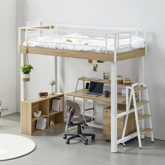 퍼니엘 더 미라클 원터치 벙커 침대 자동 전동 높이조절 싱글 성인 2층 어린이 여아 어른, 화이트, 측면