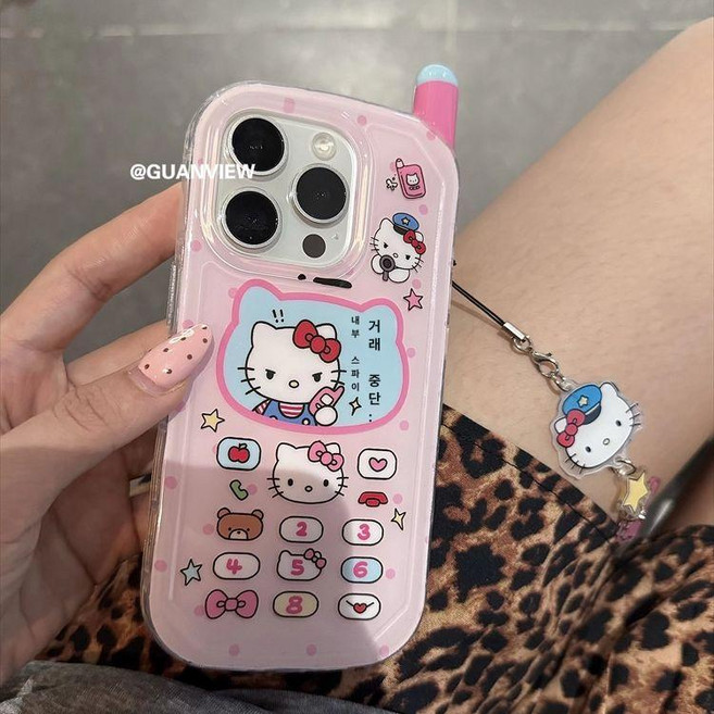 오브아 키티 전화기 아이폰17프로맥스 케이스, iPhone 15 Pro, 1개, 케이스+펜던트