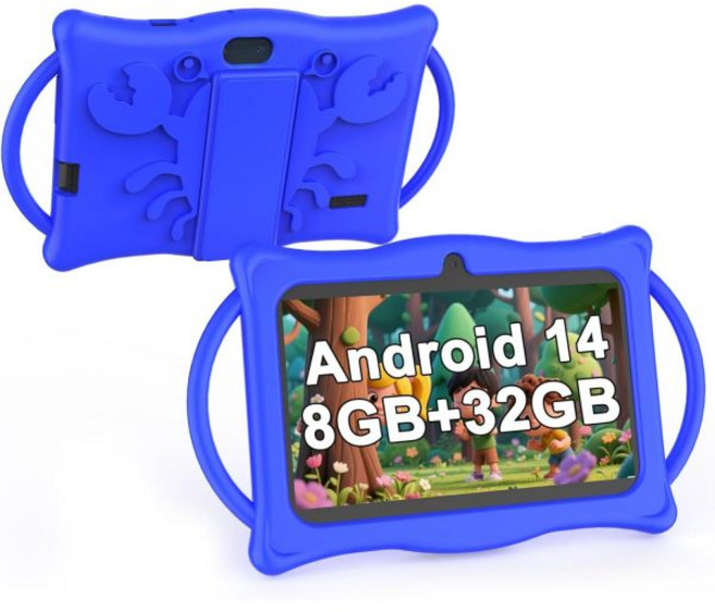 바이앤바이 키즈 태블릿 7인치 안드로이드 14 용 8GB+32GB 저장공간+1테라 확장 가능 쿼드코어 유아용 충격 방지 케이스 포함 블루 블루투스 와이파이 부모 통제 이중 카메, BYANDBY 파란색