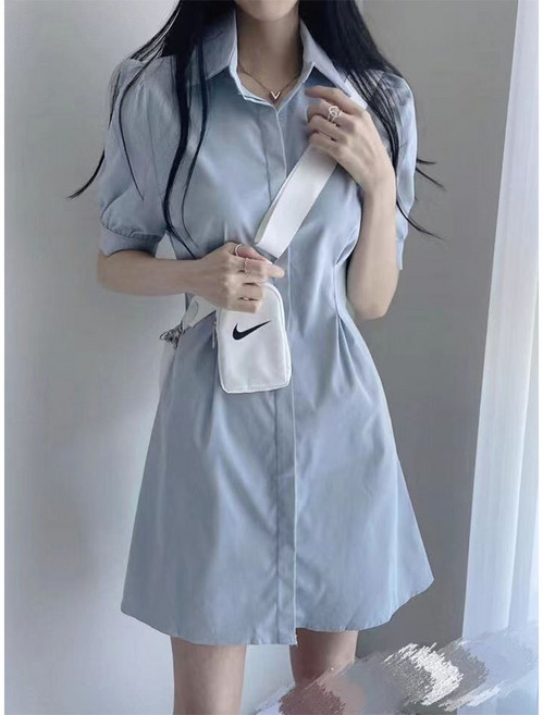 POMTOR 여성 여름 허리라인 셔츠 반팔 미니 원피스