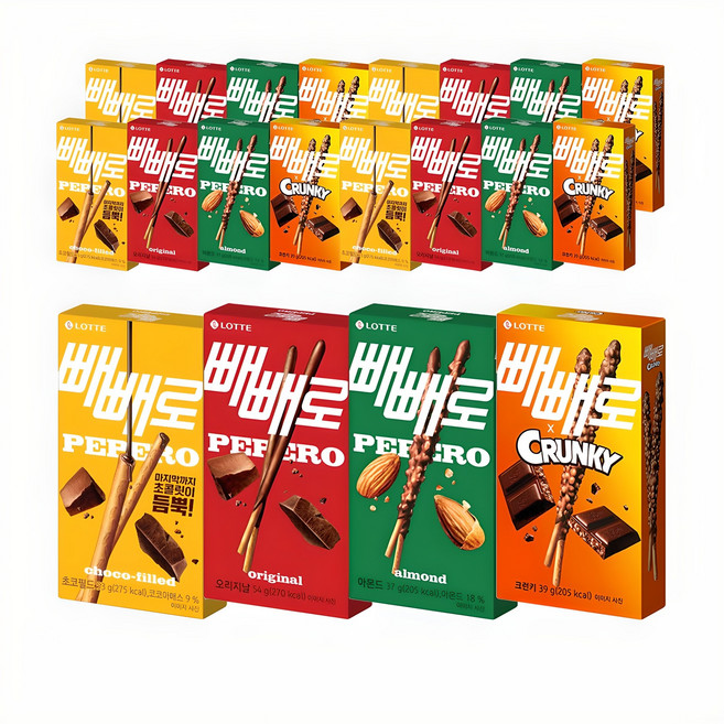 크런키5개 + 아몬드5개 + 누드5개 + 초코 5개 빼빼로 20개, 1세트, 585g