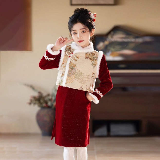 兒童旗袍+馬甲 拜年服 新年服 中國風漢服 女童禮服