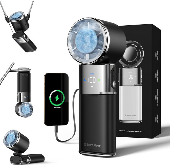 Space Player 급속 냉각 휴대용 대용량 선풍기 100단 접이식 무선 선풍기 아웃도어 캠핑용 9000mAh 손선풍기 아이스제트 스톰 각도조절 탁상용 BLDC 넥선풍기 손풍기, 블랙