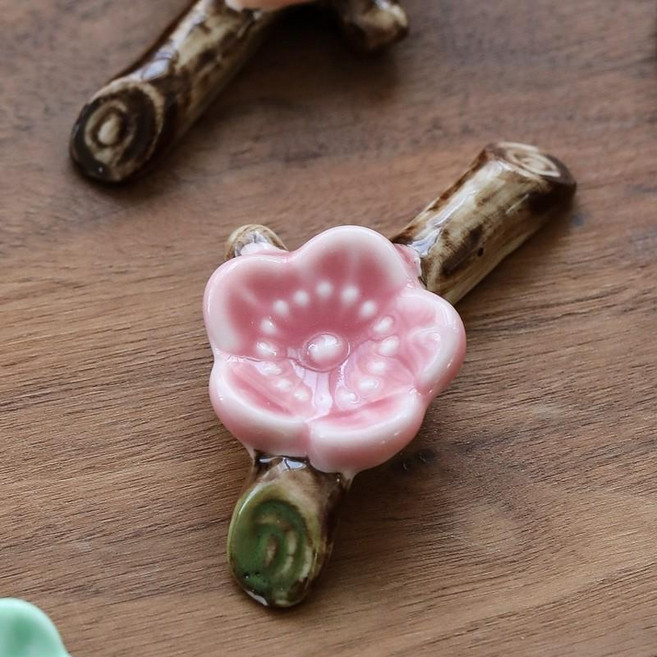 도자기 젓가락받침대 숟가락 받침대 매화 무늬 젓가락받침, 핑크 매화 가지 5개 F6