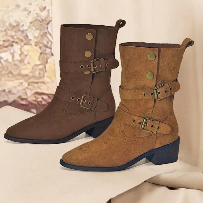 ROYALBELLE 여성 스웨이드 중통 웨스턴 카우보이 스타일 벨트 스트랩 포인트 편안한 데일리 패션 부츠 F0110207