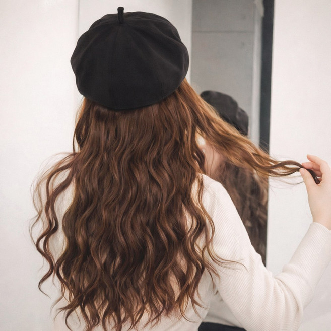 아이루리 롱 캔디 웨이브 베레모 가발 모자 여성스러운 여성가발 일체형 풀커버형 항암 겨울, 1개, 롱캔디웨이브베레모가발 블랙 라이트브라운헤어