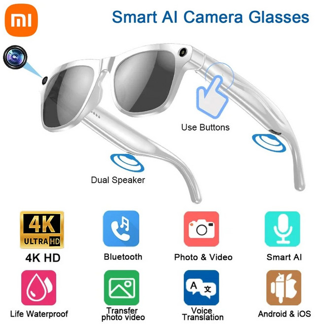 Xiaomi 4k Hd Ai 스마트 안경 카메라 웨어러블 미니 카메라 블루투스 통화 음성 보조 제어 스마트 스포츠 카메라 안경, White, 1개