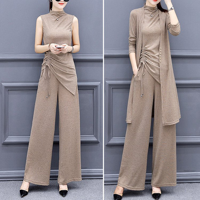 여성 봄 쓰리피스 가디건 와이드 팬츠 세트 여자 패션 코디 골지 니트세트 슬림핏 세트 배기팬츠 니트 통기세트