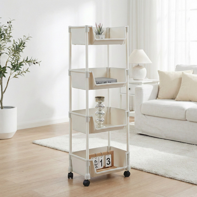 리빙코아 이동식 트롤리 바구니 수납 선반 다용도, 화이트, 4단