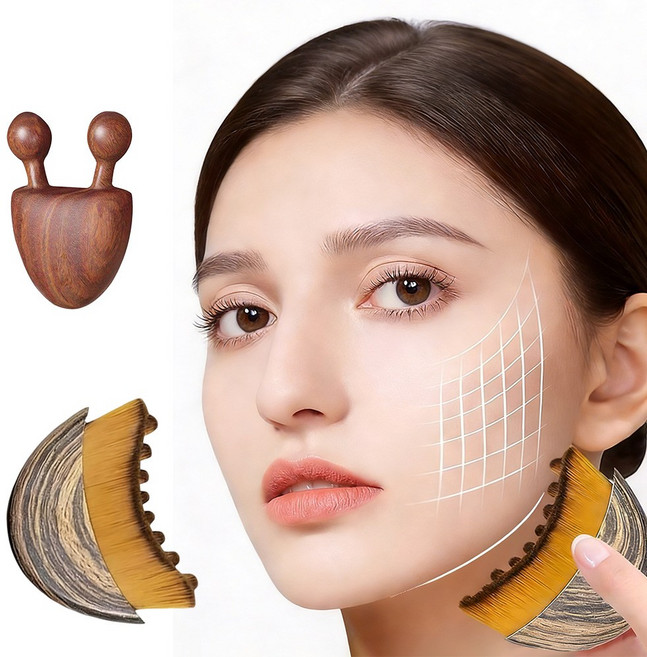 얼굴 브이라인 브러시 페이스 컨투어 괄사 눈 마사지기 세트, 1개, 브라운