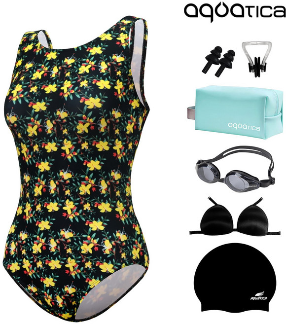 아쿠아티카 여성 미들컷 실내 수영복 AQA1665 일반용수경 파우치 코클립 7종세트